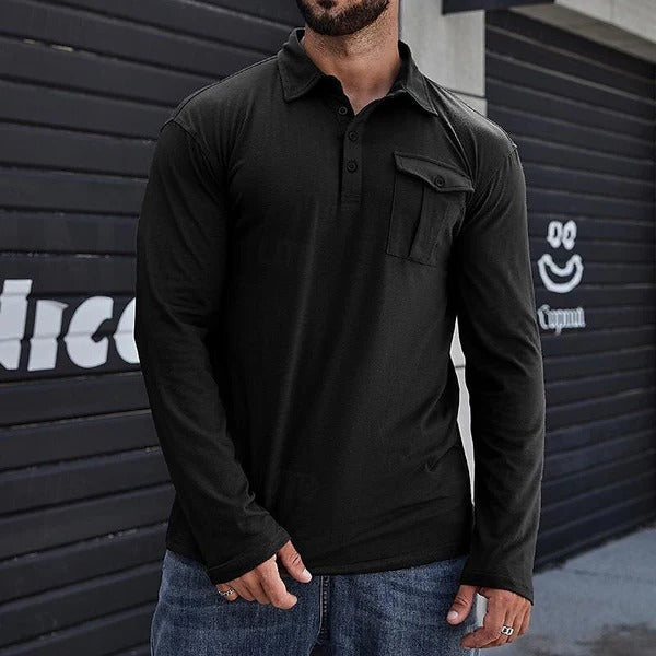 Men's Henley Pique Shirt – Slim Fit – Long Sleeve – Cotton – Chest Pocket – Stand Collar