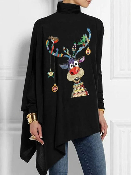 Women's Turtleneck Top – Loose Fit – Cotton Blend – Reindeer Motif – Asymmetric Hem