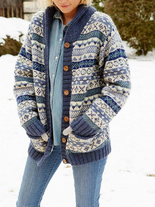 Women's Cardigan – Wool Knit – Relaxed Fit – Shawl Collar – Fair Isle Pattern – Button Front