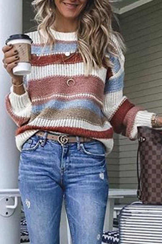 Women's Sweater – Wool Knit – Relaxed Fit – Long Sleeves – Striped Crew Neck