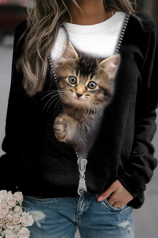 Women's Sweater – Cotton Blend – Relaxed Fit – Long Sleeve with Cat Print