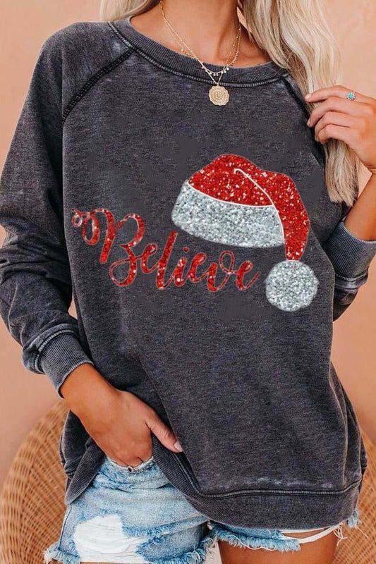 Women's Sweater – Relaxed Fit – Cotton Blend – Long Raglan Sleeves – Festive Print