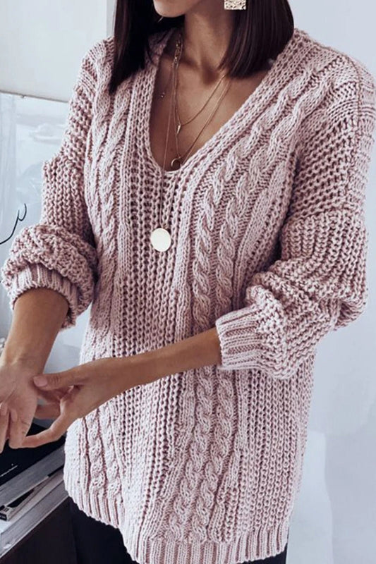 Women's Sweater – Oversized Fit – Cable Knit Wool Blend – V-Neck – Long Sleeves