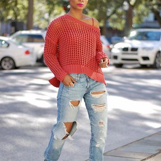 Women's Knitted Sweater – Off Shoulder – Relaxed Fit – Chunky Wool Texture