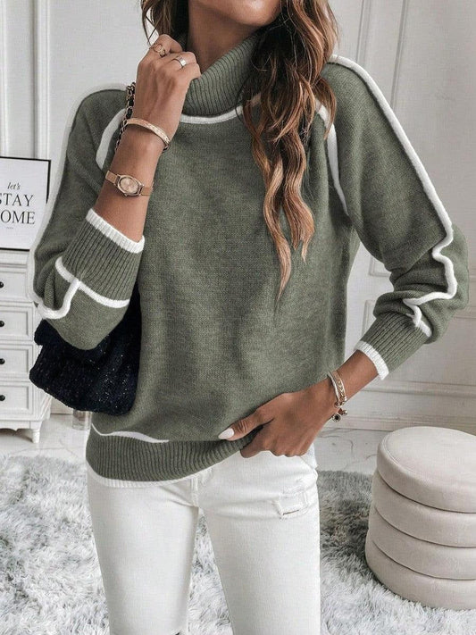 Women's Sweater – Relaxed Fit – High Neck – Knitted Fabric – Striped Sleeves