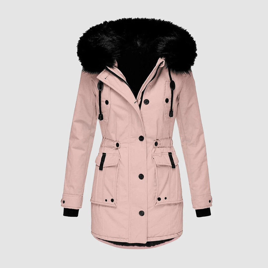 Women's Long Coat – Tailored Fit – Faux Fur Hood – Belt – Buttons and Pockets