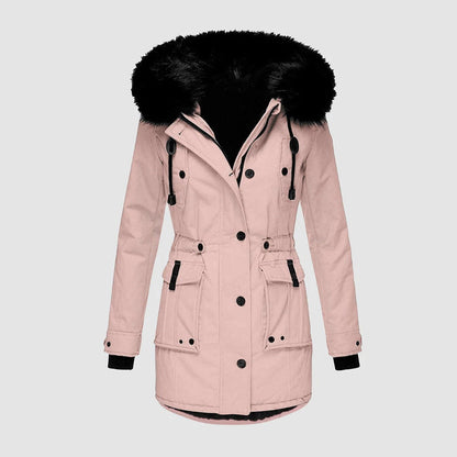 Women's Long Coat – Tailored Fit – Faux Fur Hood – Belt – Buttons and Pockets