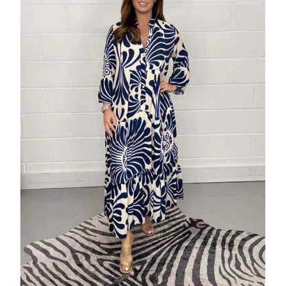 Dress for Women – Chiffon – Loose Fit – V-Neck – Pleated – Patterned – 3/4 Sleeves