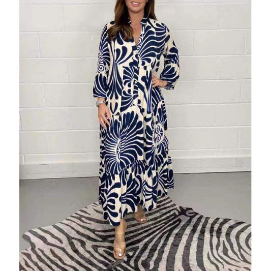 Dress for Women – Chiffon – Loose Fit – V-Neck – Pleated – Patterned – 3/4 Sleeves