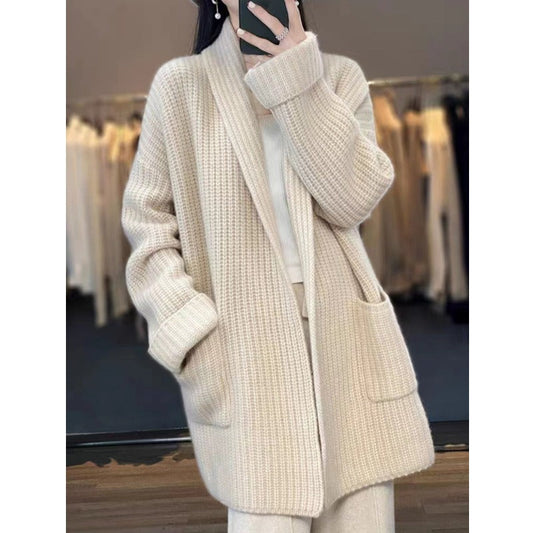 Women's Cardigan – Oversized Fit – Chunky Knit – Shawl Collar – Long Model with Pockets