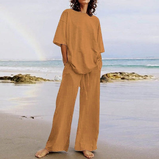 Women's Set – Relaxed Fit Top with O-Neck – Wide Pants with Elastic and Pockets