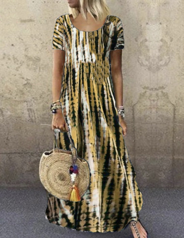 Women's Maxi Dress – Tie-Dye Pattern – Loose Fit – Short Sleeve – Breathable Cotton