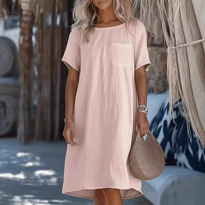 Dress women midi – relaxed fit – linen and cotton – round neck – short sleeve