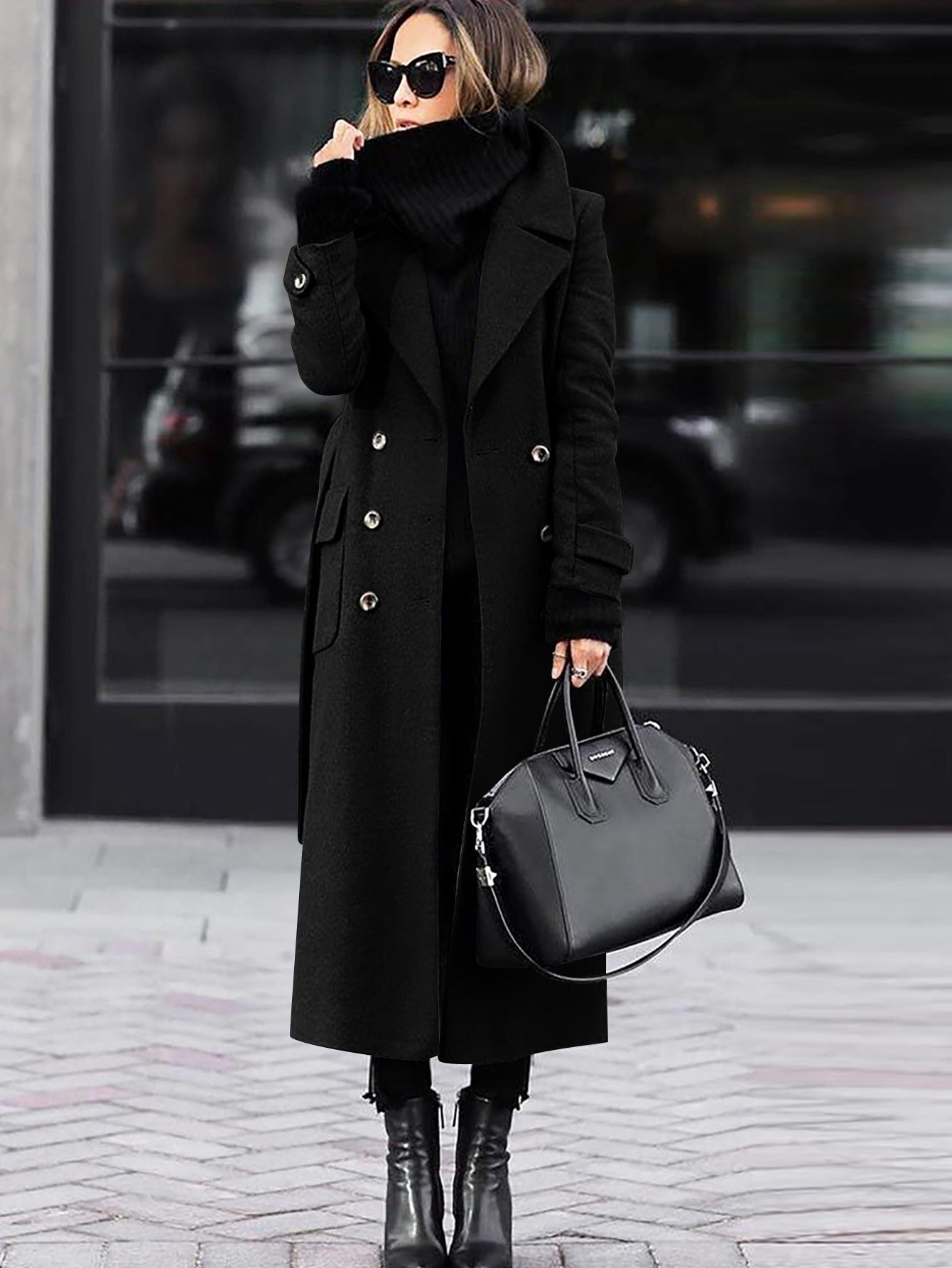 Women's Wool Coat – Tailored Fit – Double-Breasted – Elegant Long Model