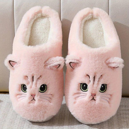 Women's Slippers – Ankle-High Fit – Soft Fleece – Embroidered Cat Face – Indoor Comfort