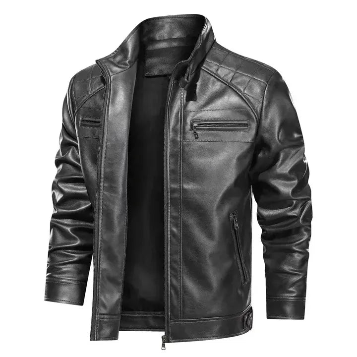 Men's Biker Jacket – Slim Fit – Shoulder Details – Zipper Closure – Leather Look