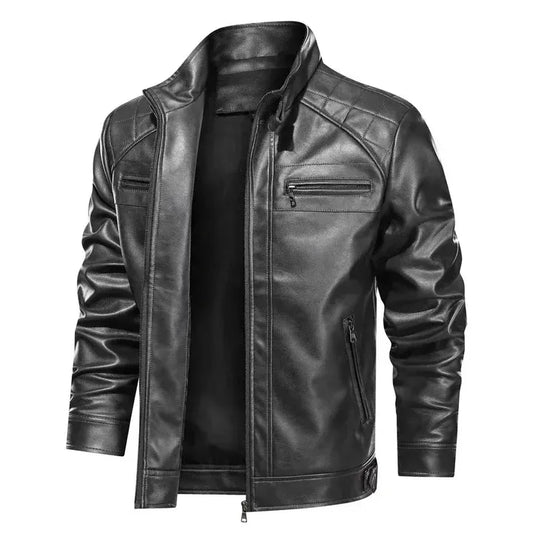 Men's Biker Jacket – Slim Fit – Shoulder Details – Zipper Closure – Leather Look