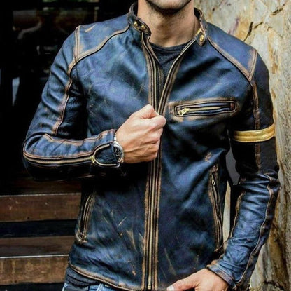 Men's Bomber Jacket – Slim Fit – Leather Look – Zipper Front and Arm Patch