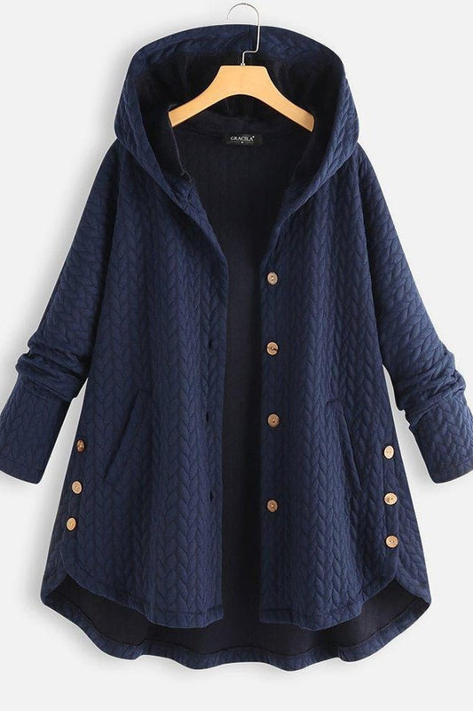 Women's Coat with Hood – A-line Cut – Quilted Wool – Knee-length – Button Fastening