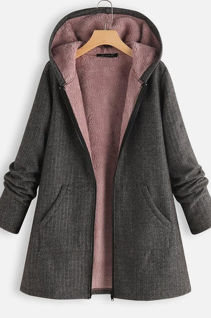 Women's Coat with Hood – Wool Texture – Fleece Lined – Oversized Fit – Zipper