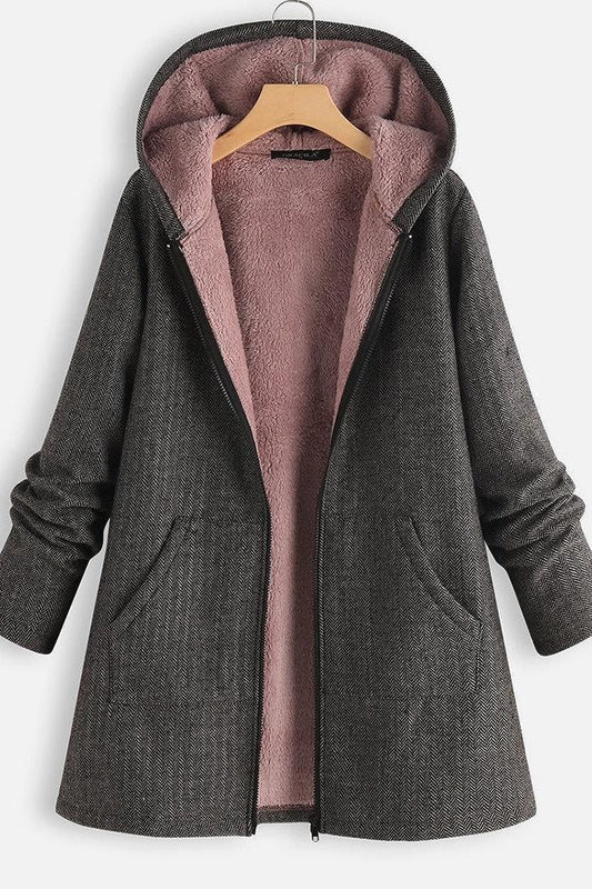 Women's Coat with Hood – Wool Texture – Fleece Lined – Oversized Fit – Zipper