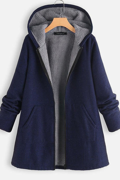 Women's Coat with Hood – Wool Texture – Fleece Lined – Oversized Fit – Zipper