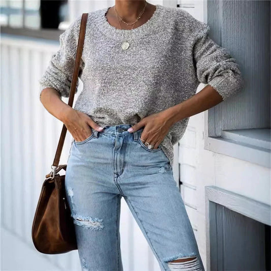 Women's Knitted Sweater – Oversized Fit – Wool Texture – Wide Sleeves – Ribbed Edges