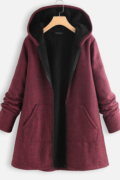 Women's Coat with Hood – Wool Texture – Fleece Lined – Oversized Fit – Zipper