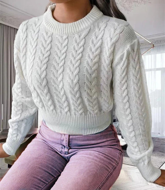 Women's Sweater – Classic Fit – Wool Feel Knit – Cable Knit – Round Neck – Long Sleeves