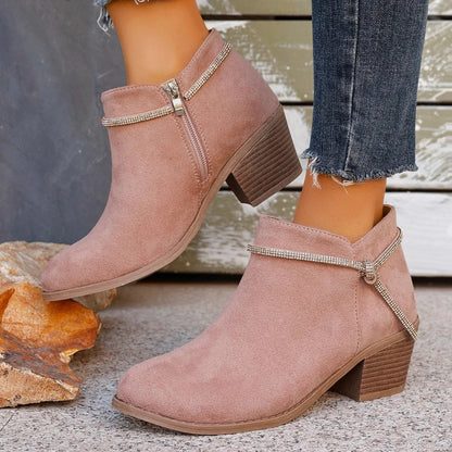 Women's Ankle Boots – Suede Look – Adjustable Detail – Chunky Heel – Zipper