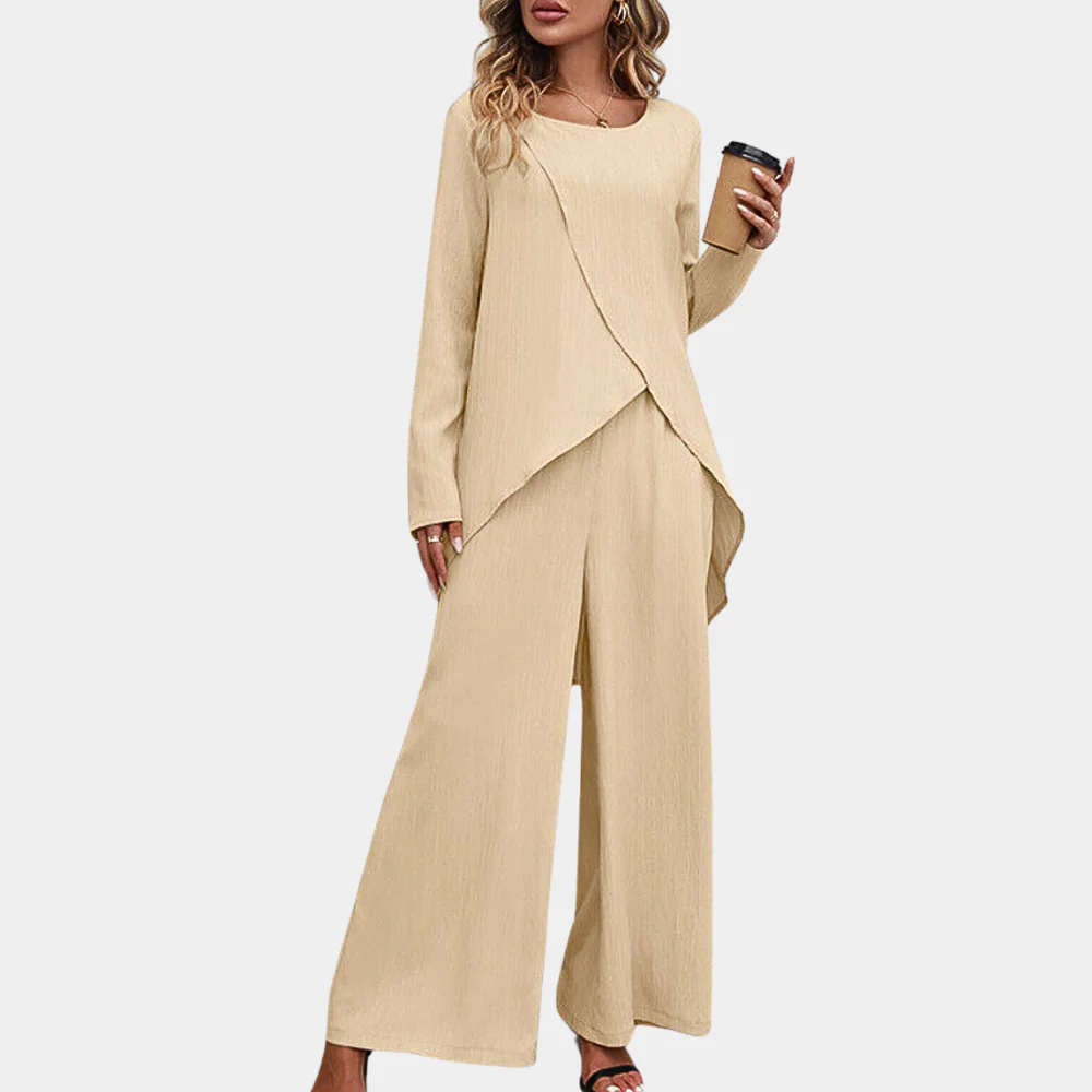 Women's Two-Piece Set – Asymmetric Long Sleeve Top – Wide Pants – Soft Cotton Feel