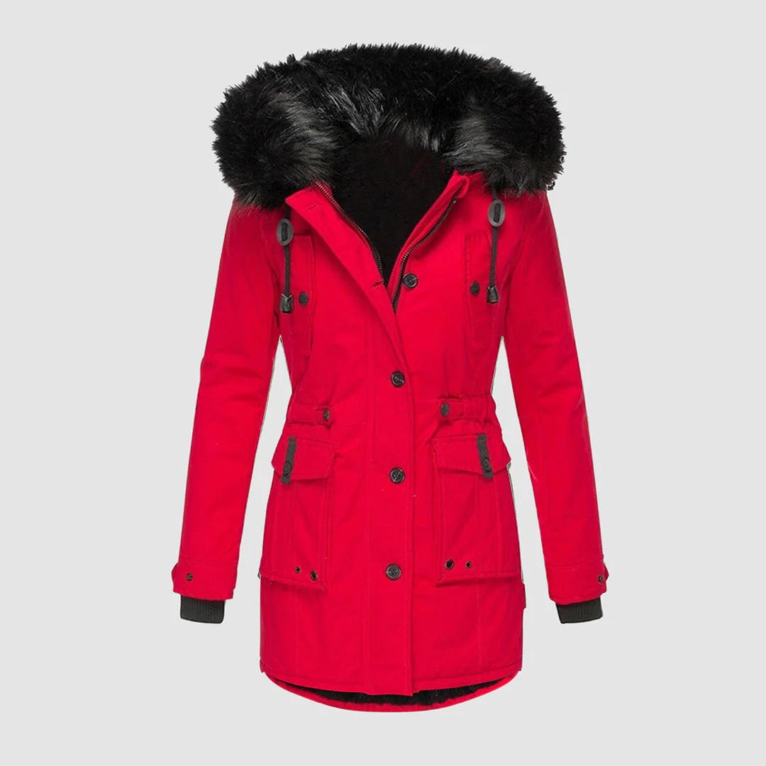 Women's Long Coat – Tailored Fit – Faux Fur Hood – Belt – Buttons and Pockets