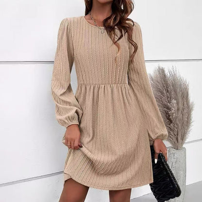 Dress for Women – Knitted Jacquard – A-line Fit – Long Puff Sleeves – Round Neck