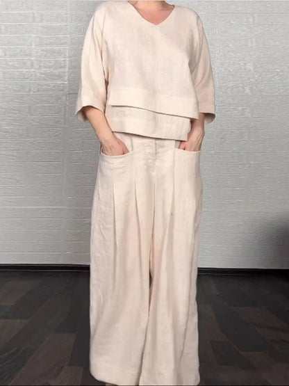 Women's Set – Oversized V-neck Top – Wide High-waisted Pants – Light Linen and Cotton