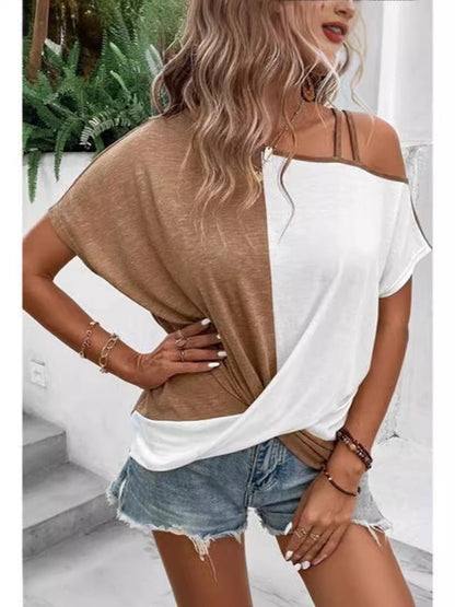 Women's T-shirt – Relaxed fit – Off shoulder with strap – Cotton – Color-block design