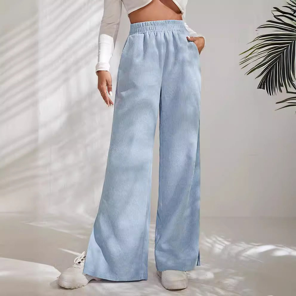 Women's Trousers with Wide Legs – Corduroy – High Waist – Elastic Waistband – Split Hem