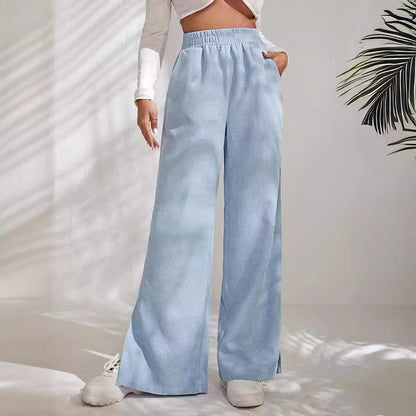Women's Trousers with Wide Legs – Corduroy – High Waist – Elastic Waistband – Split Hem