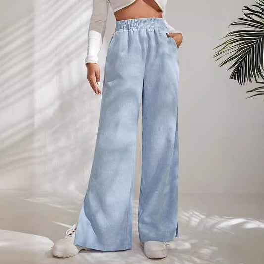 Women's Trousers with Wide Legs – Corduroy – High Waist – Elastic Waistband – Split Hem