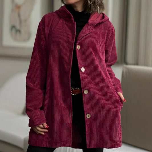 Women's Jacket – Corduroy – Loose Fit – Hood – Knee-Length with Buttons