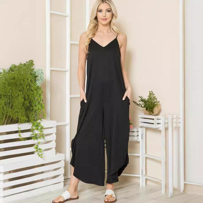 Women's jumpsuit – cotton blend – loose fit – sleeveless V-neck – wide legs – pockets