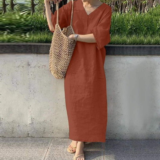 Dress woman – maxi dress in cotton linen – relaxed fit – v-neck – short sleeve