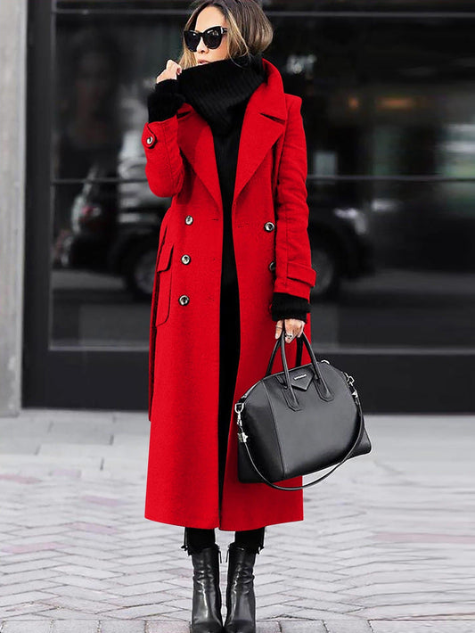 Women's Wool Coat – Tailored Fit – Double-Breasted – Elegant Long Model