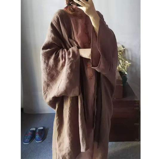 Women's Long Coat – Loose Fit – Open Front – V-neck – Linen Cotton – Everyday Use