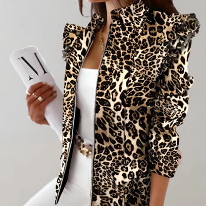 Women's Jacket – Tailored Fit – Check Pattern – Ruffled Shoulders – Stand Collar