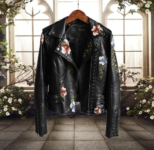 Women's Biker Jacket – Tailored Fit – Floral Embroidery – Stud Details – Asymmetric Zipper