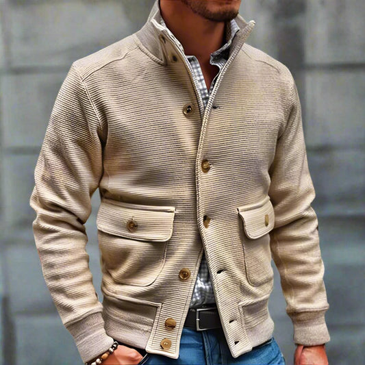 Men's Jacket - High Collar - Button Closure - Ribbed Cuffs - Casual Fit