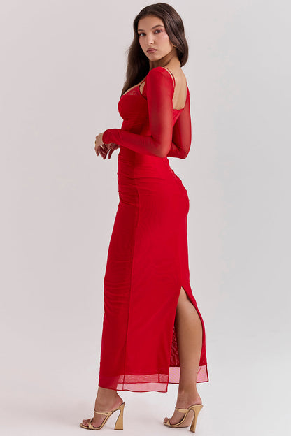 Dress for Women – Maxi Dress with Tight Fit – Lace Trim – Ruched Bodice