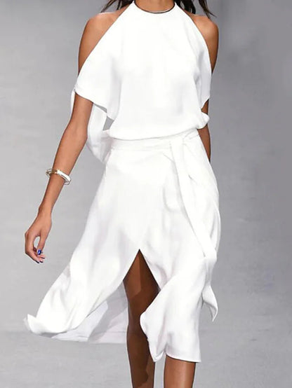 Women's Dress - Halterneck with Open Shoulders - Draped Fit - Front Slit Elegant Design