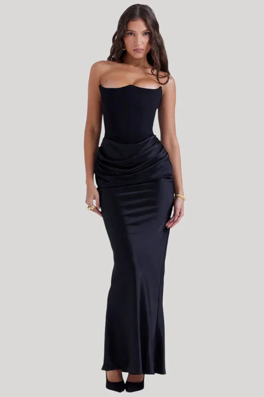 Women's Maxi Dress – Strapless – Tight Fit – Satin Look – Draped Hip
