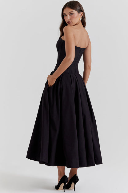 Women's midi dress – Strapless – Structured waist – A-line – Silky fabric